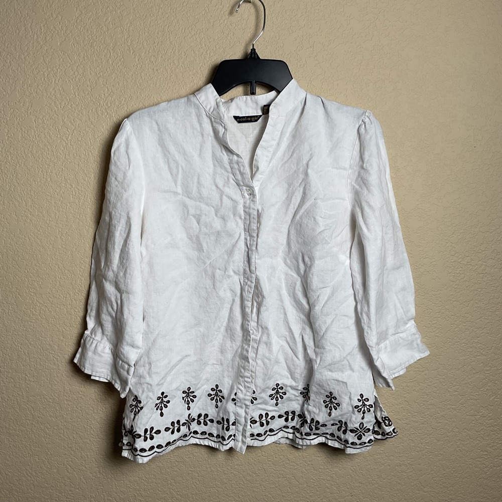 Ecologie Womensโ Medium 100% Linen Button Up 3/4 Sleeve White W/Brown Florals